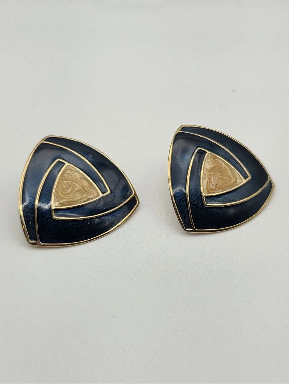 Vintage 1980s Navy & Gold Tone Geometric Statement Earrings